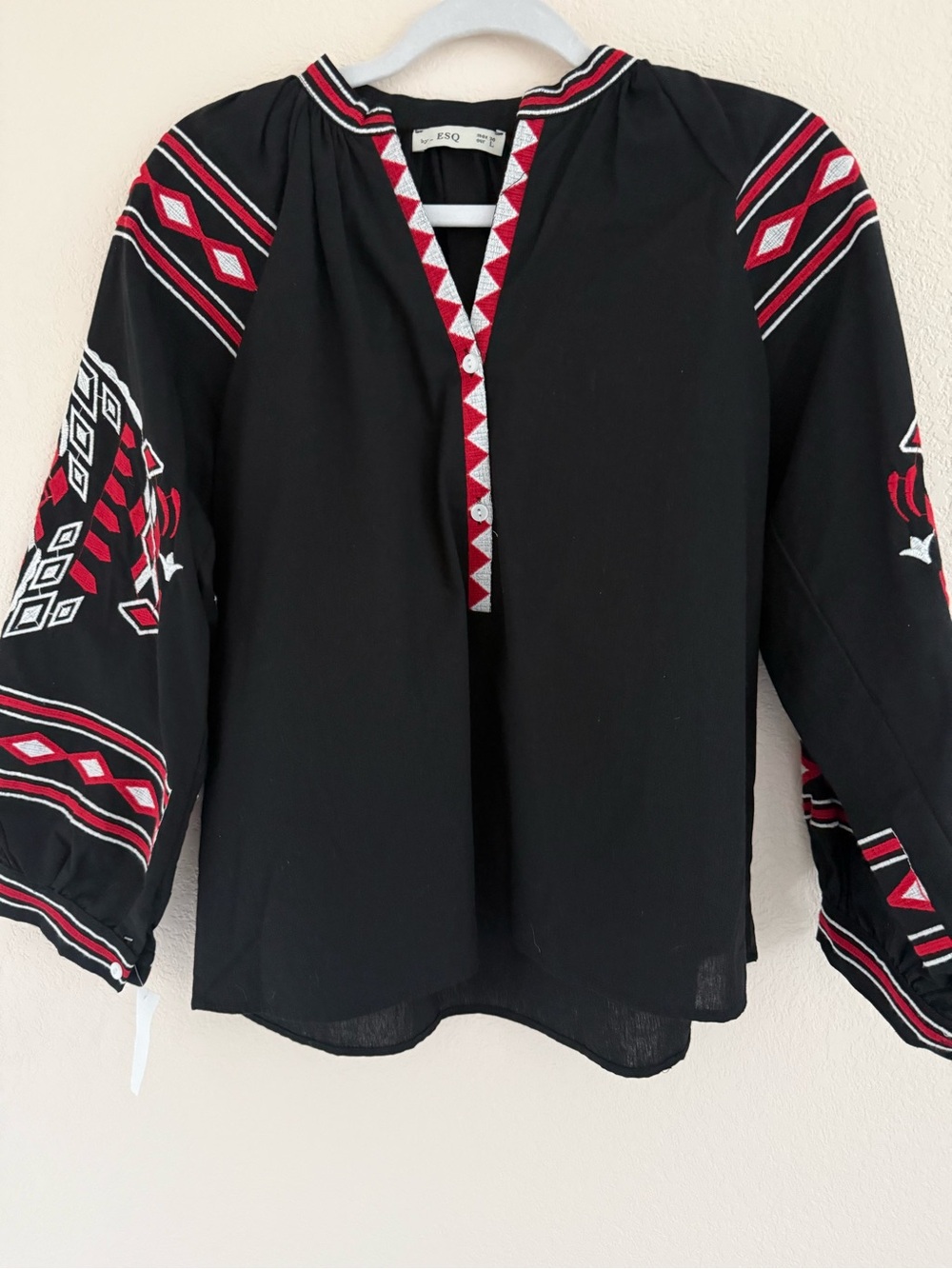 Black Embroidered Peasant Blouse with Red & White Accents